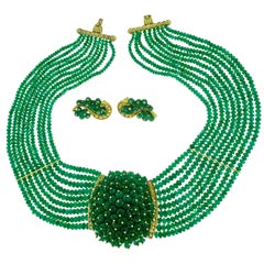 650 Carat Emerald Bead Necklace and Earring Bridal Suite in 18 Karat Yellow Gold