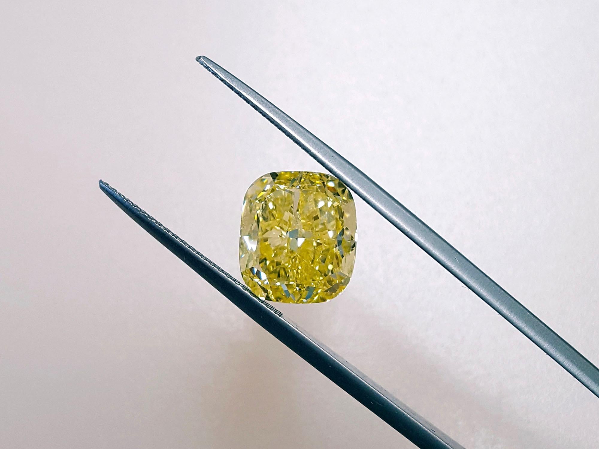 Cushion Cut 6.50 Carat Fancy Intense Yellow Diamond Engagement Ring in Platinum, GIA Report For Sale