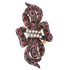 6.50 Carat Garnet Natural Pearl Silver 14k Yellow Gold Ribbon Cocktail Ring