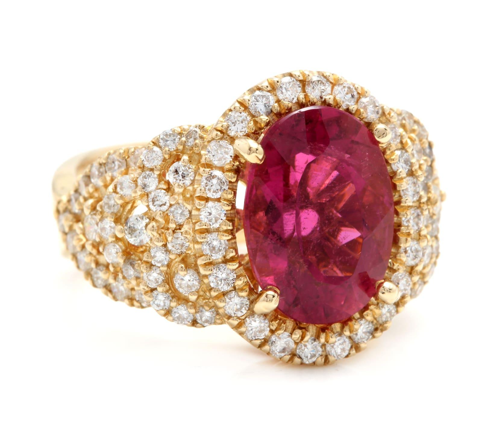 6.50 Carats Impressive Natural Rubellite and Diamond 14K Yellow Gold Ring

Total Rubellite Weight is Approx. 5.00 Carats

Rubellite Measures: Approx. 12.00 x 9.00mm

Natural Round Diamonds Weight: Approx. 1.50 Carats (color H / Clarity