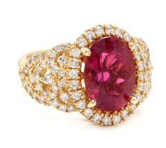 6.50 Carat Impressive Natural Rubellite and Diamond 14 Karat Yellow Gold Ring