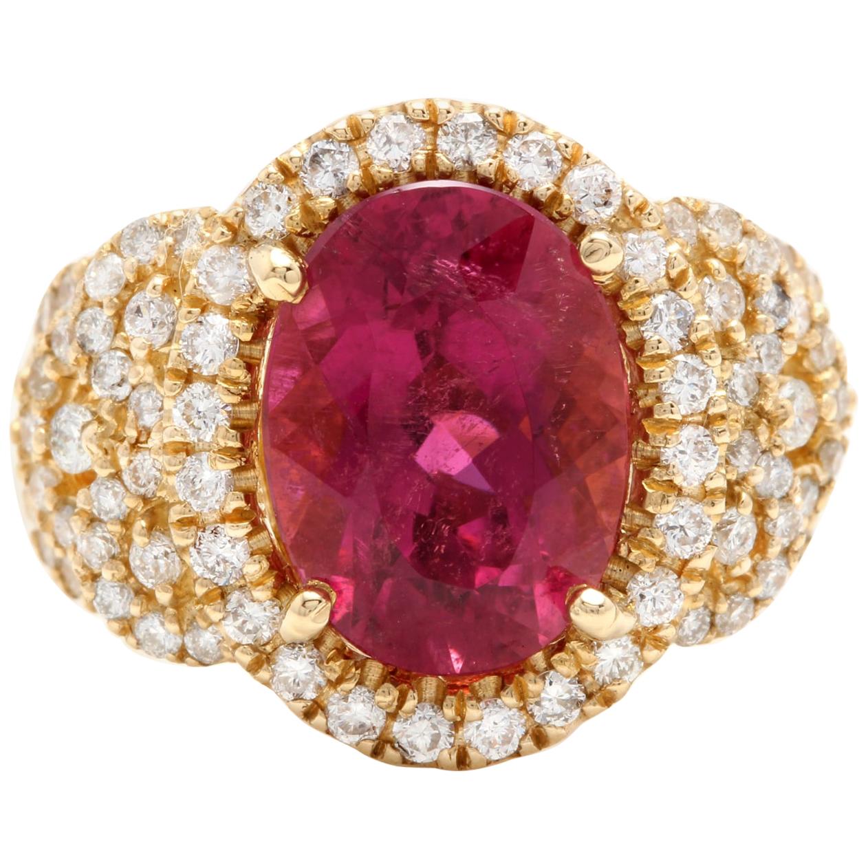 6.50 Carat Impressive Natural Rubellite and Diamond 14 Karat Yellow Gold Ring