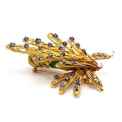 6.50 Carat Jade 1.38 Carat Sapphire 0.35 Carat Diamond Ruby 18K Yellow Gold Pin