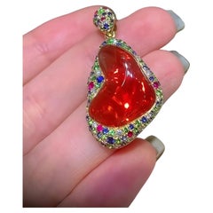 6.50 Carat Mexican Fire Opal Diamond 18 Karat Gold Pendant Necklace