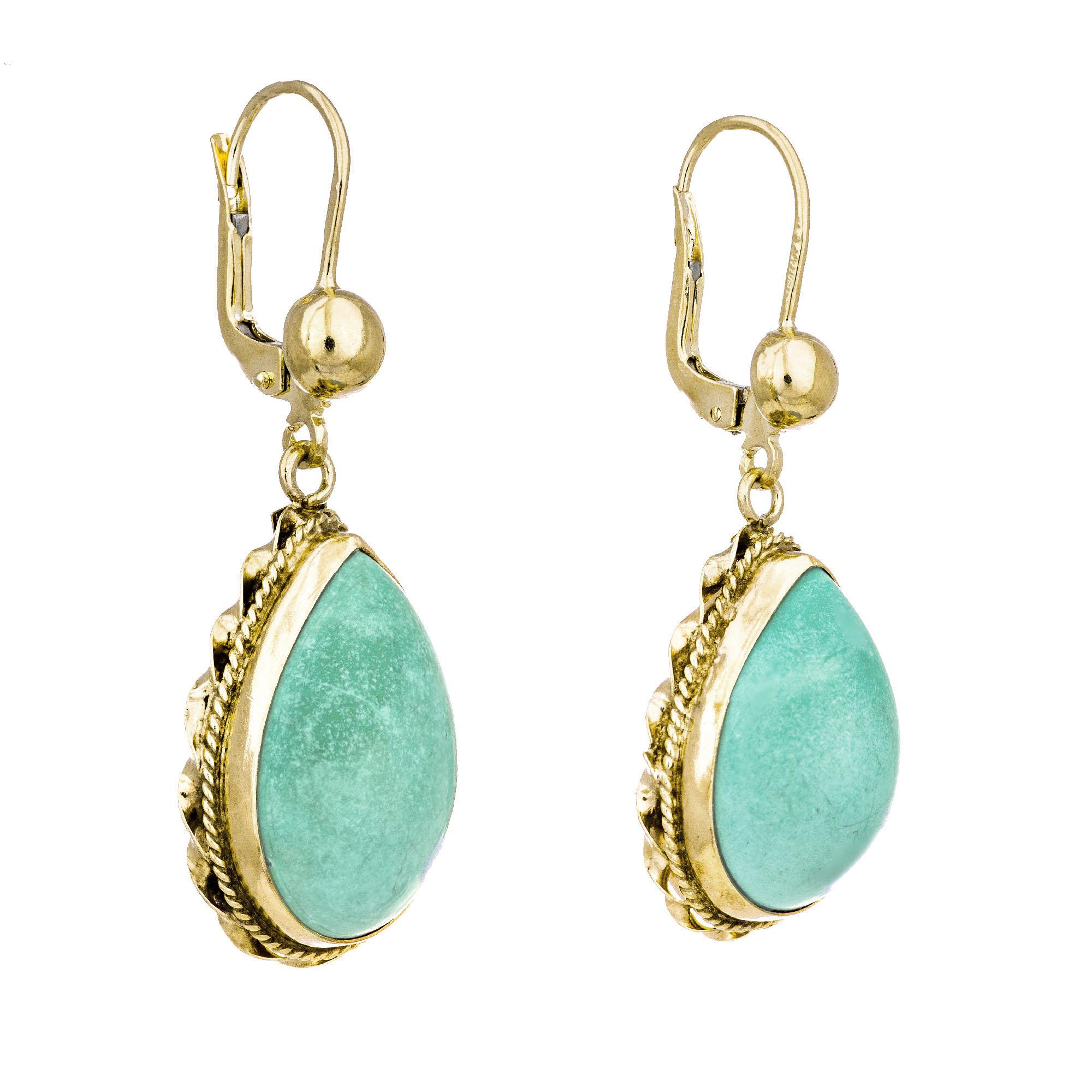 Pear Cut 6.50 Carat Natural Pear Turquoise Yellow Gold Dangle Earrings For Sale