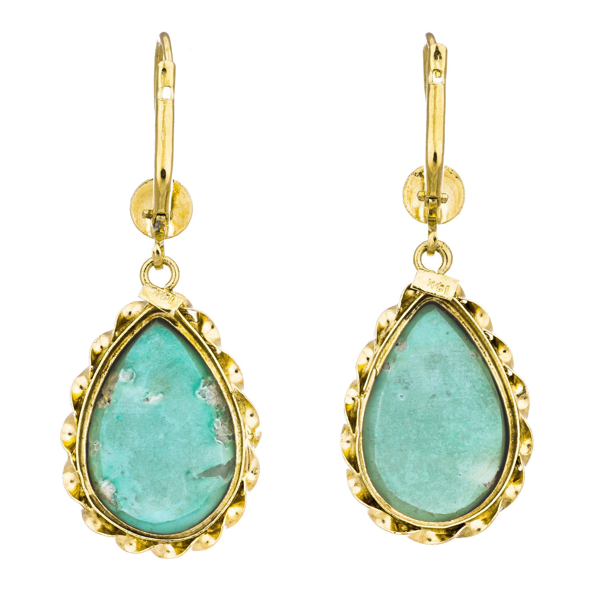 6.50 Carat Natural Pear Turquoise Yellow Gold Dangle Earrings In Good Condition For Sale In Stamford, CT