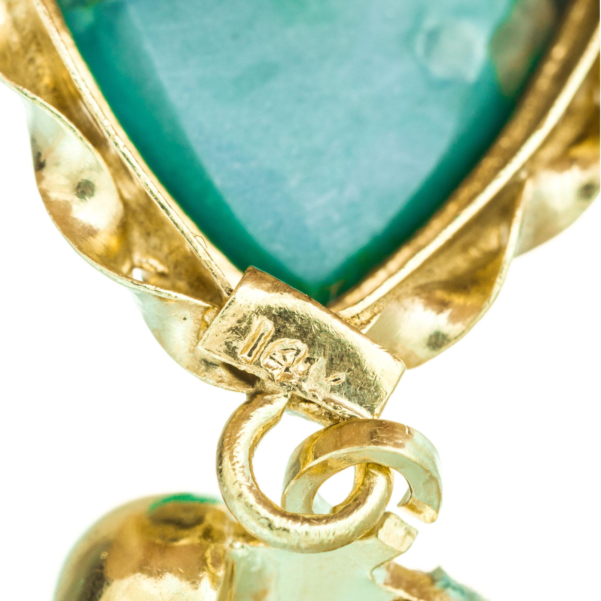 6.50 Carat Natural Pear Turquoise Yellow Gold Dangle Earrings For Sale 1