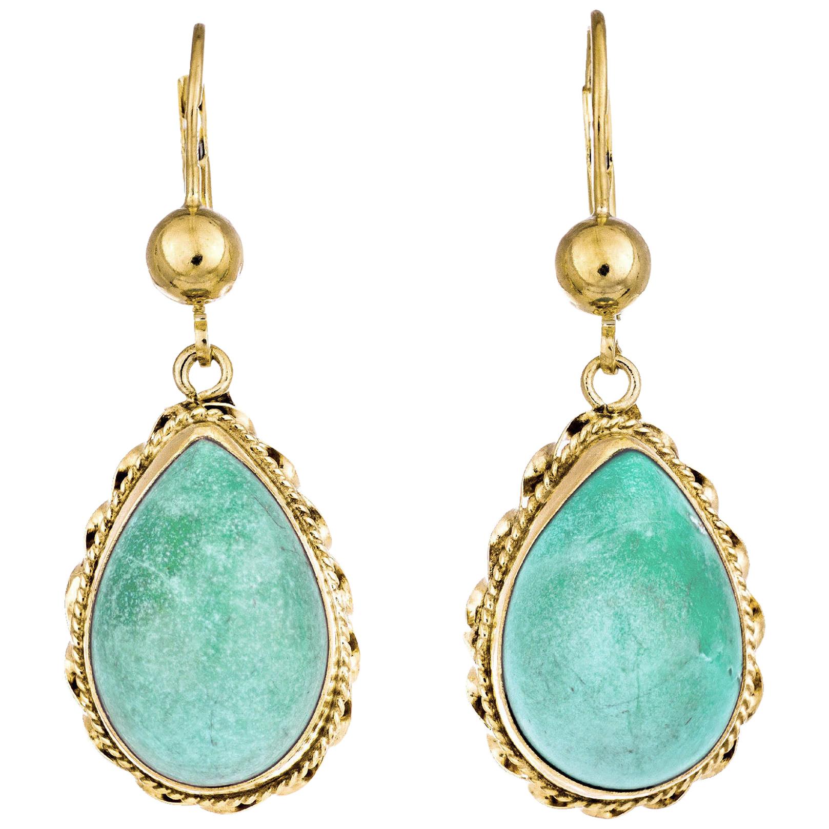 6.50 Carat Natural Pear Turquoise Yellow Gold Dangle Earrings
