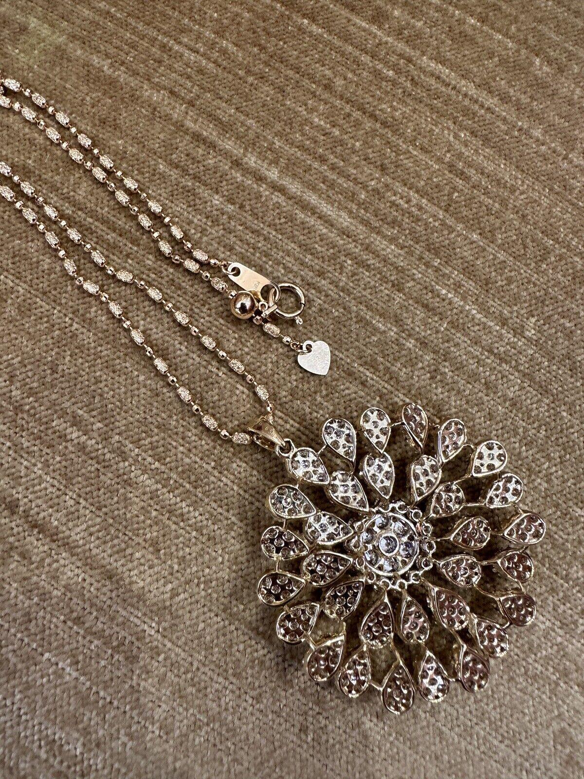Round Cut 6.50 carat Pave Diamond Flower Medallion Pendant Necklace 18k Yellow Gold
