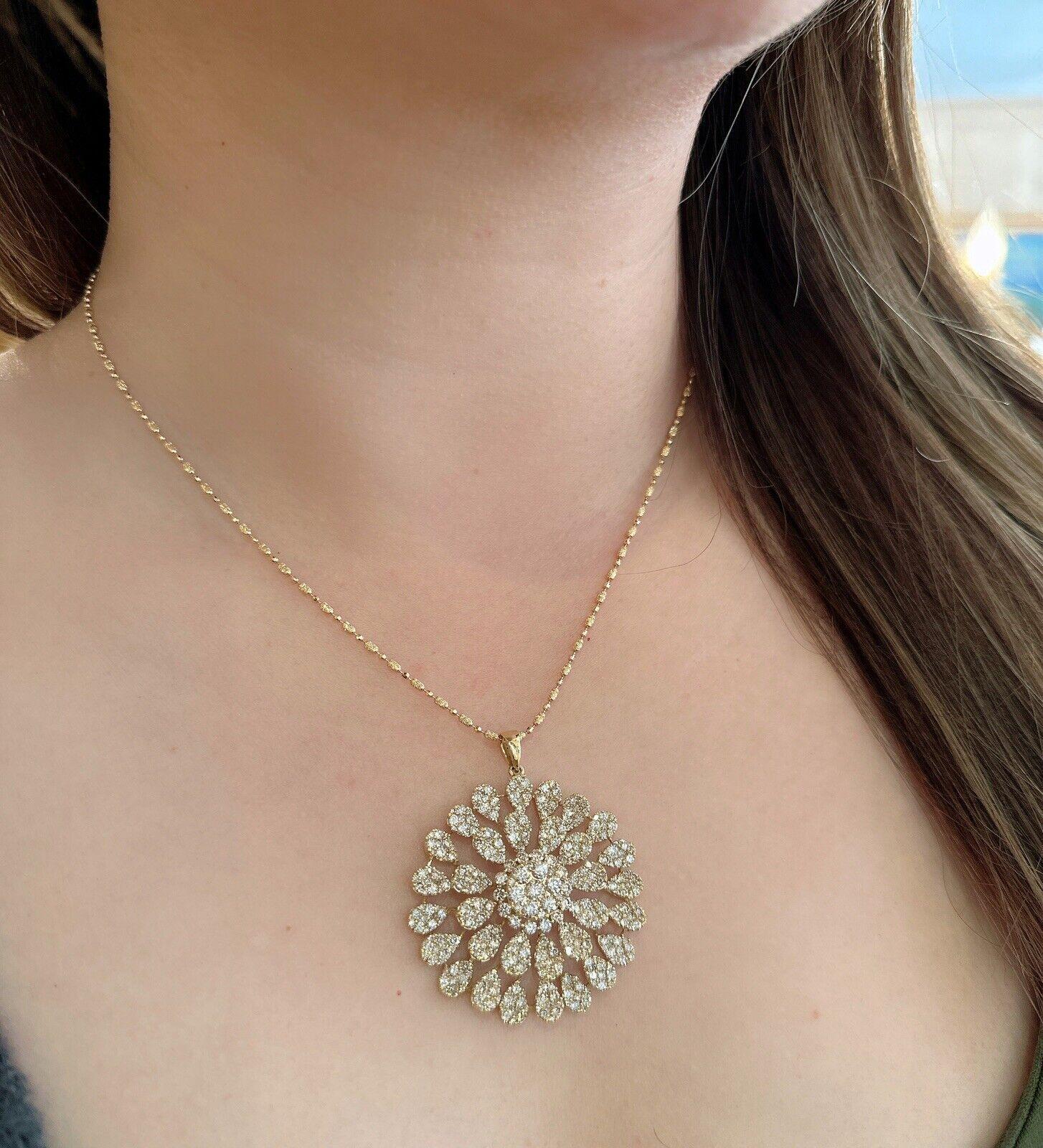 6.50 carat Pave Diamond Flower Medallion Pendant Necklace 18k Yellow Gold For Sale 2