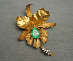 6.50 Carat Pear Cut Emerald 18 Karat Gold Orchid Pin Pendant