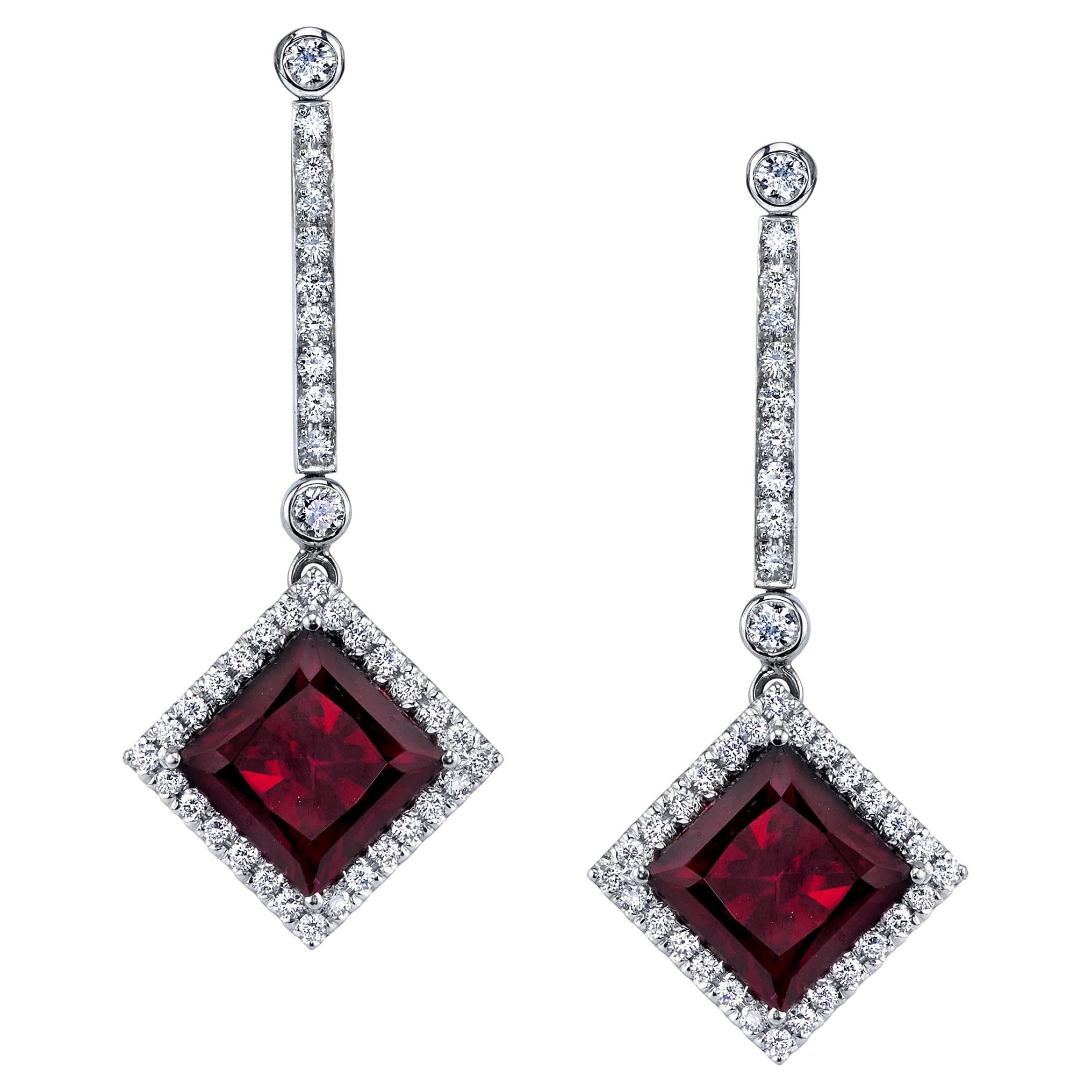  Red Tourmaline and Diamond Dangle Earrings in White Gold, 6.50 Carats Total