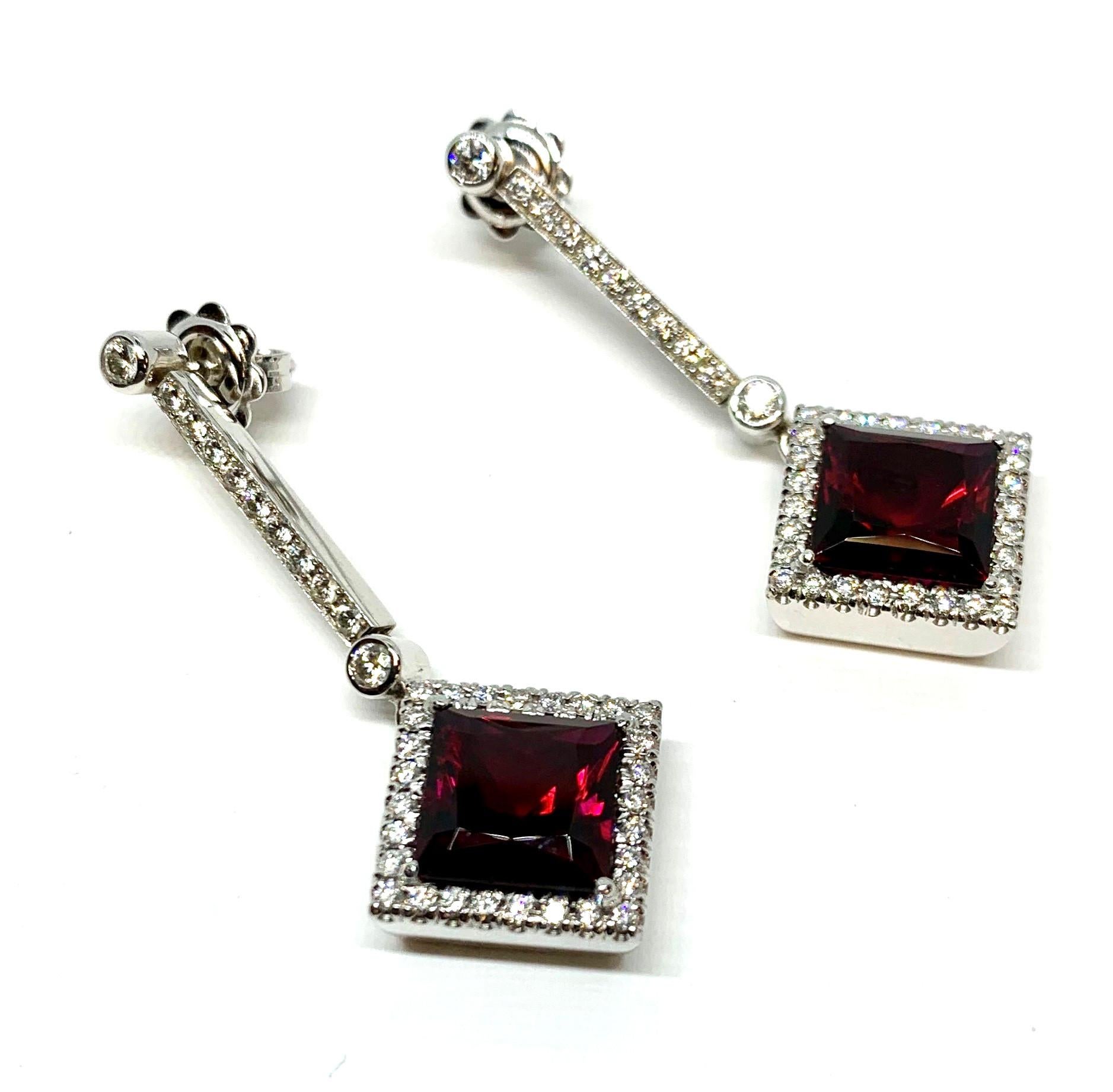  Red Tourmaline and Diamond Dangle Earrings in White Gold, 6.50 Carats Total For Sale 1