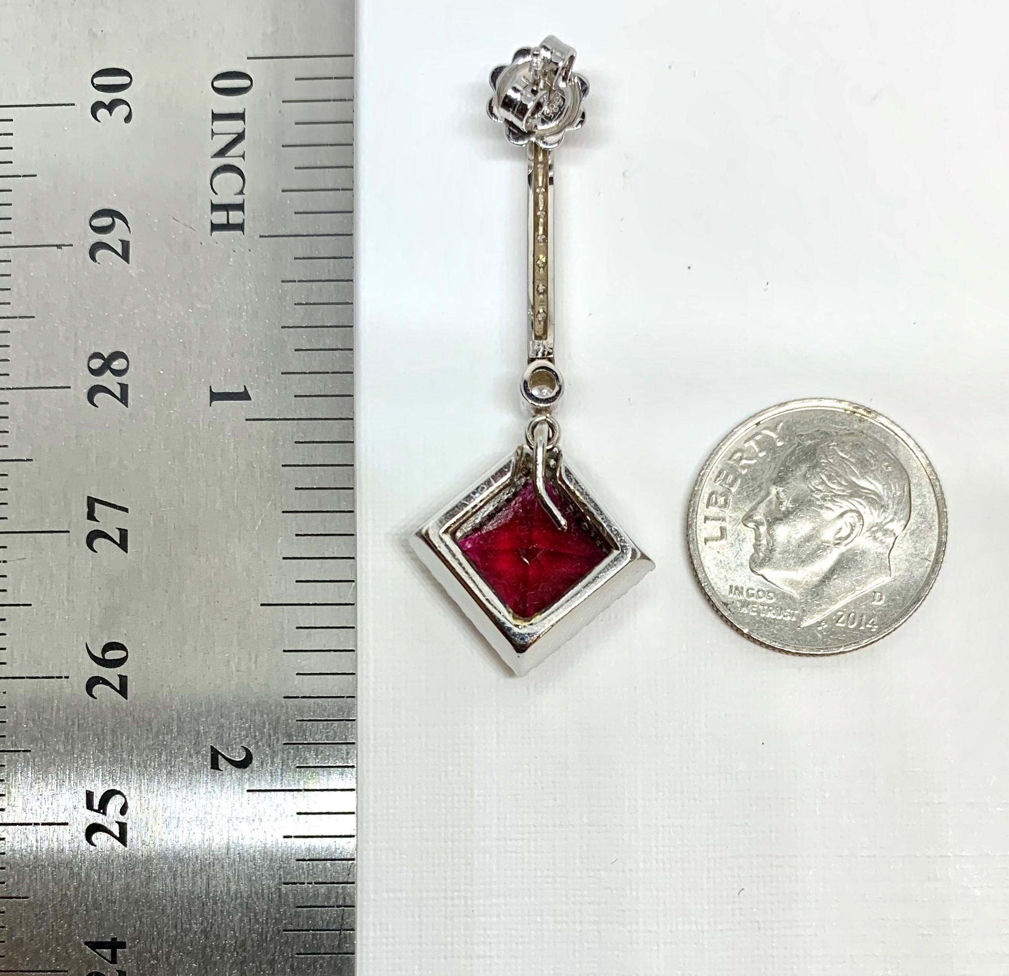  Red Tourmaline and Diamond Dangle Earrings in White Gold, 6.50 Carats Total For Sale 2