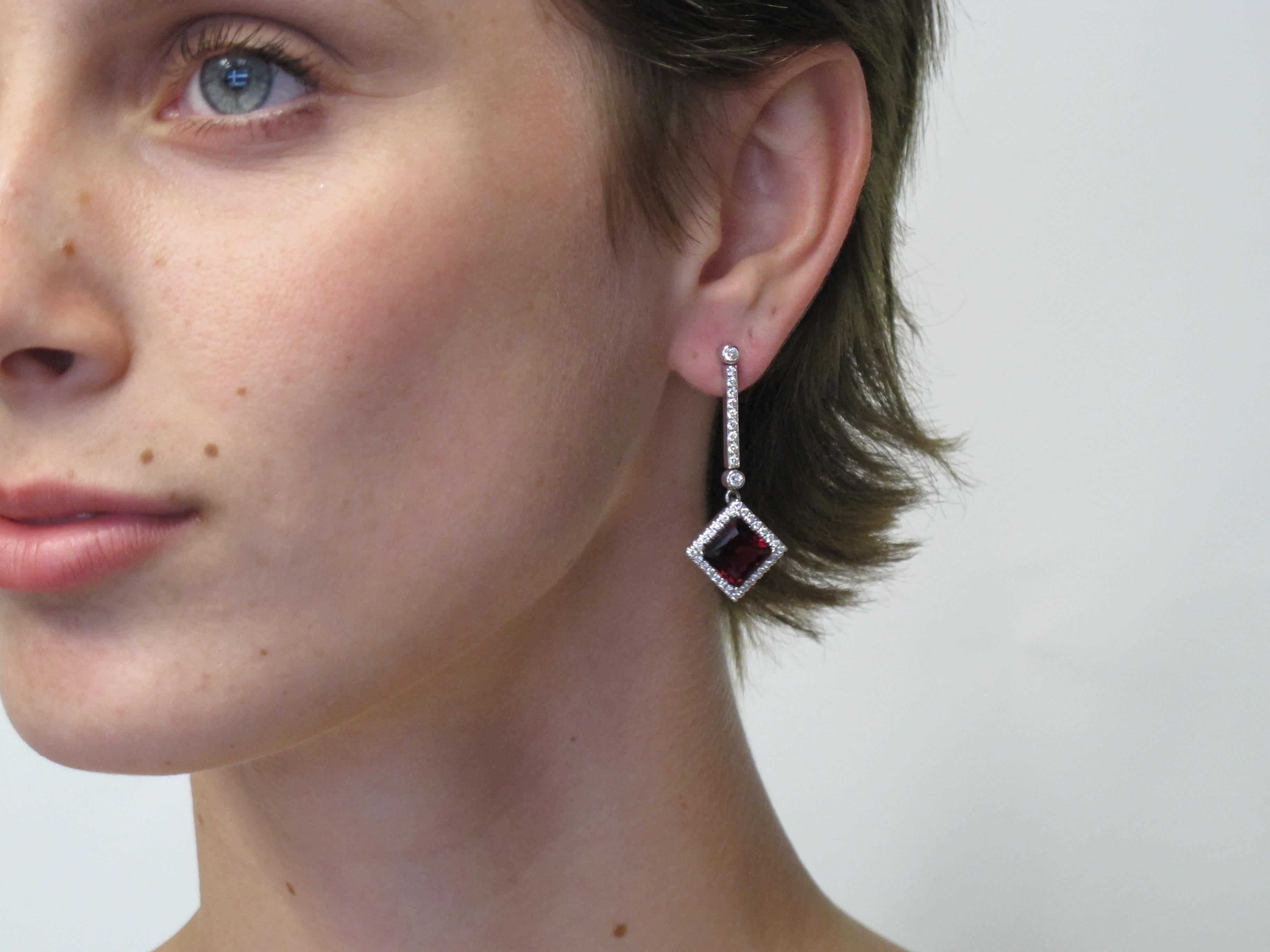 Red Tourmaline and Diamond Dangle Earrings in White Gold, 6.50 Carats Total For Sale 3