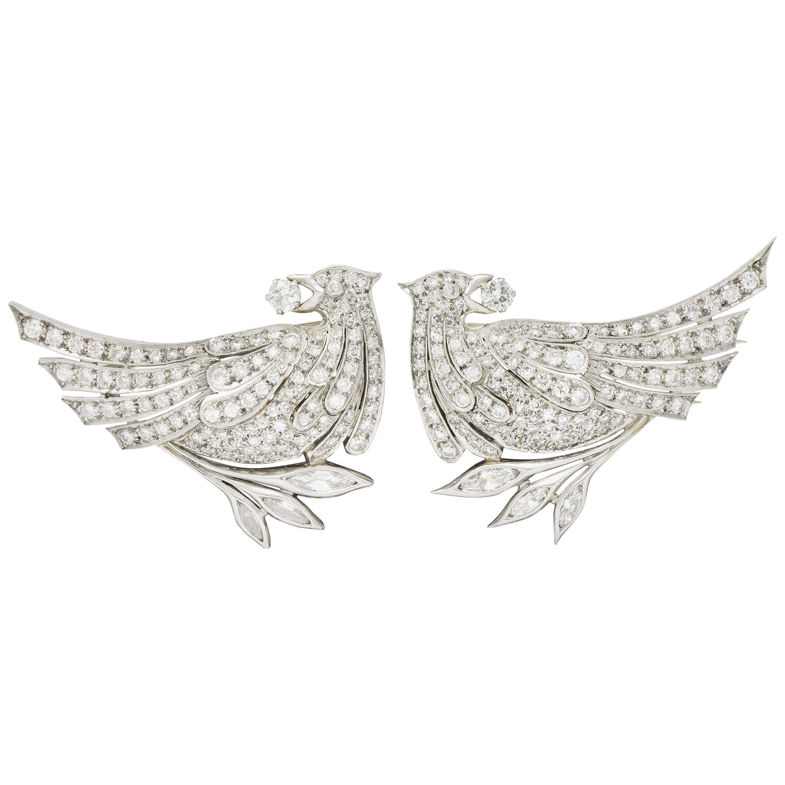 6.50 Carat Retro Diamond Platinum Quail Bird Double Clip Brooches