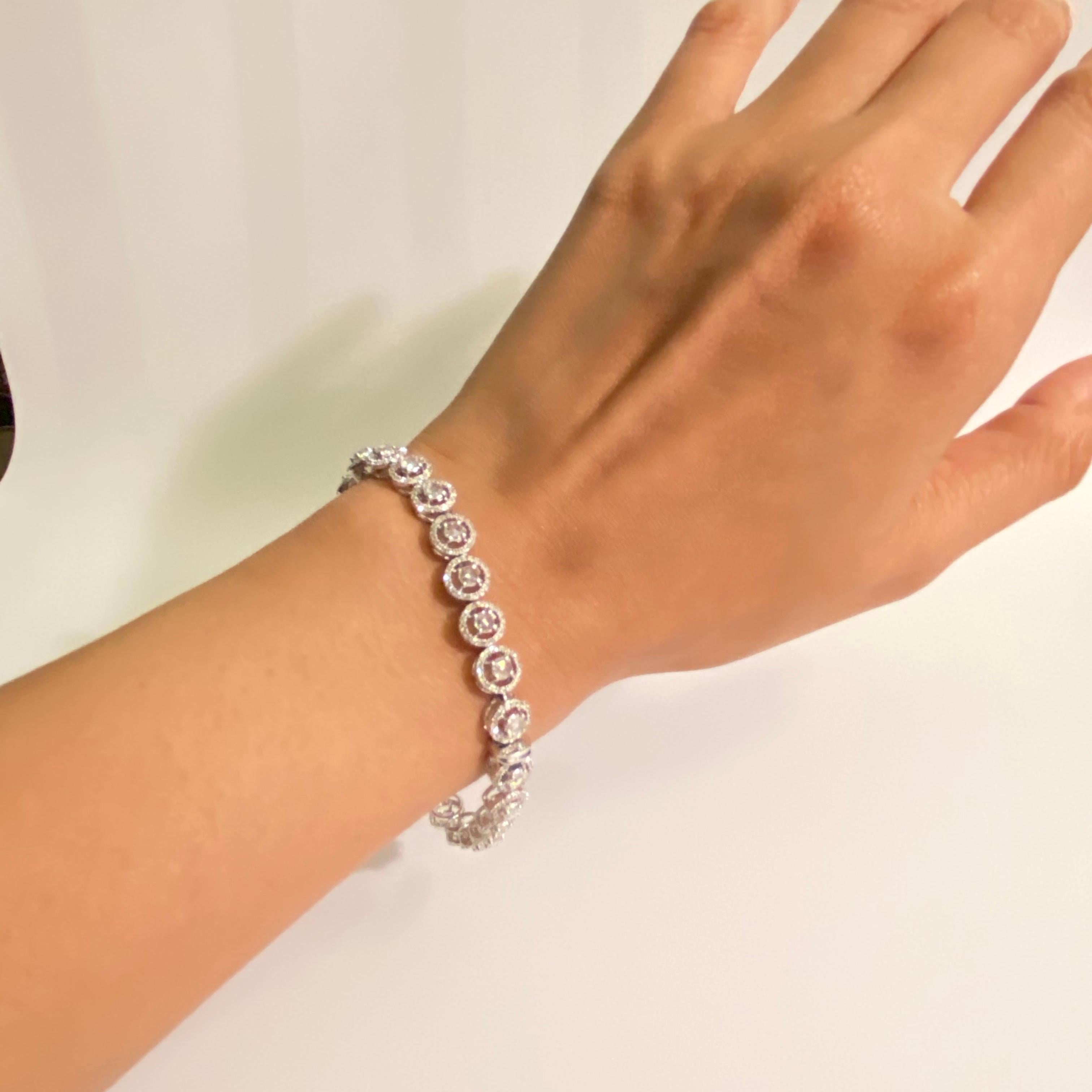 Bracelet de tennis Halo avec diamant taille rose et diamant taille brillant de 6,50 carats Unisexe en vente