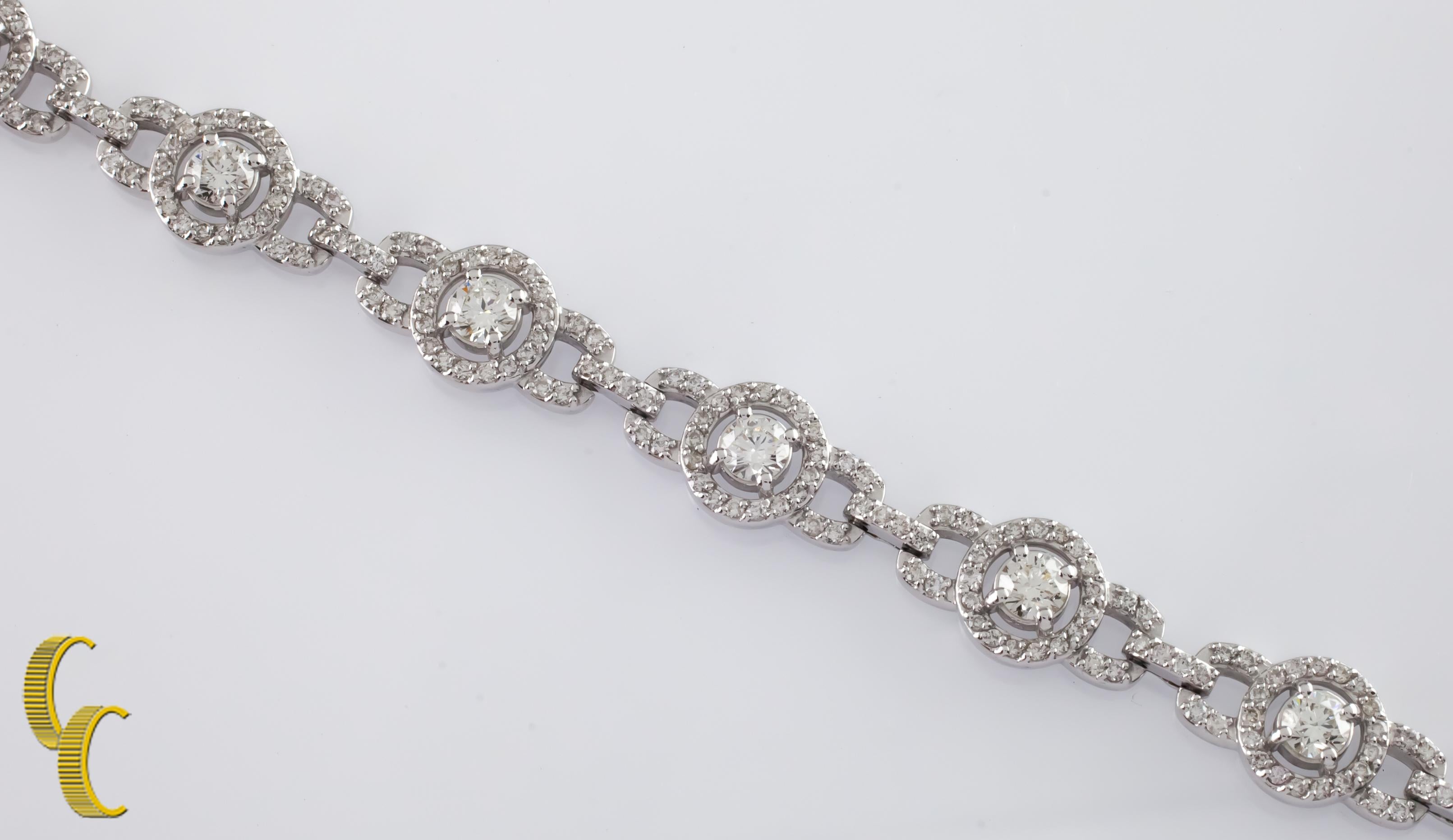 6.50 Carat Round Diamond 14 Karat White Gold Link Bracelet with Halo Stations In Excellent Condition In Sherman Oaks, CA