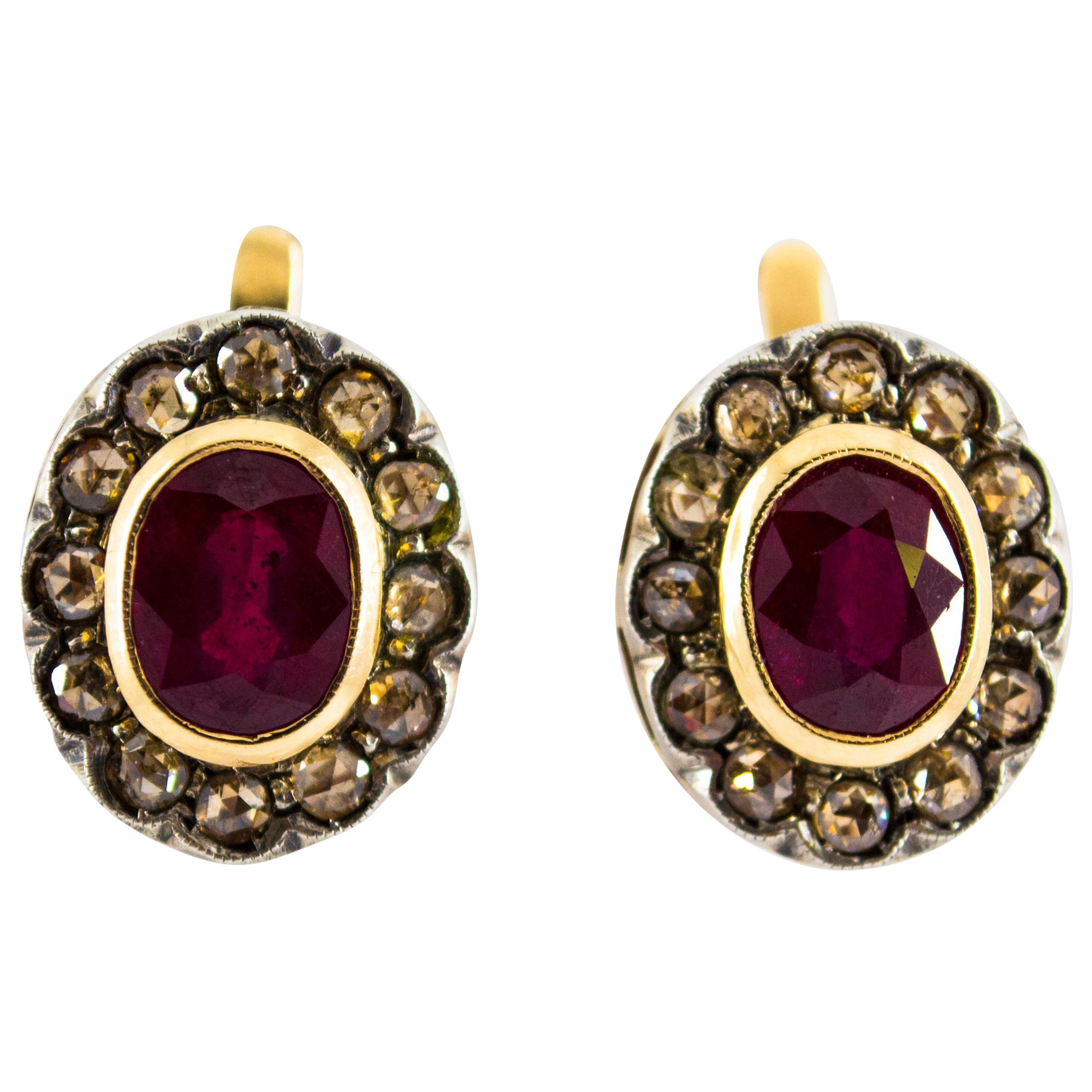 6.50 Carat Ruby 1.20 Carat White Diamond Yellow Gold Lever-Back Earrings