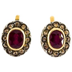 6.50 Carat Ruby 1.20 Carat White Diamond Yellow Gold Lever-Back Earrings