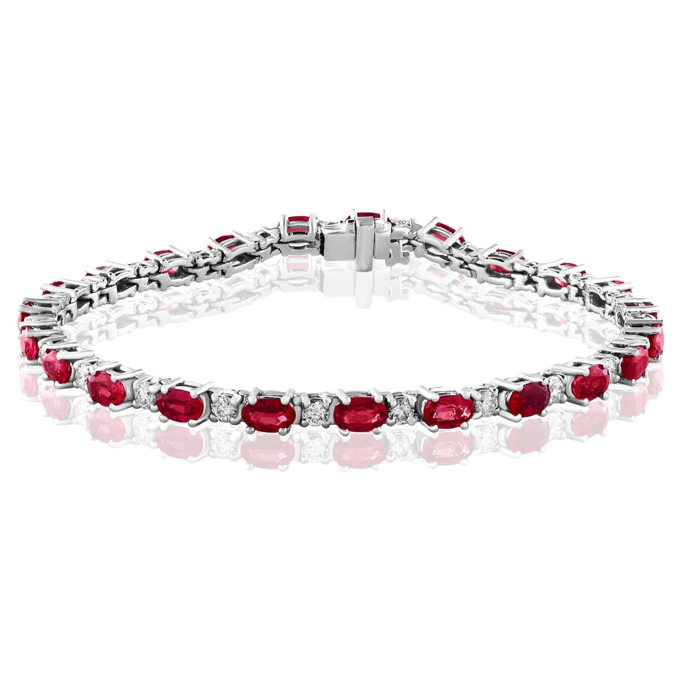 Pulsera de tenis de oro blanco de 14 quilates con rubíes y diamantes de 6,50 quilates