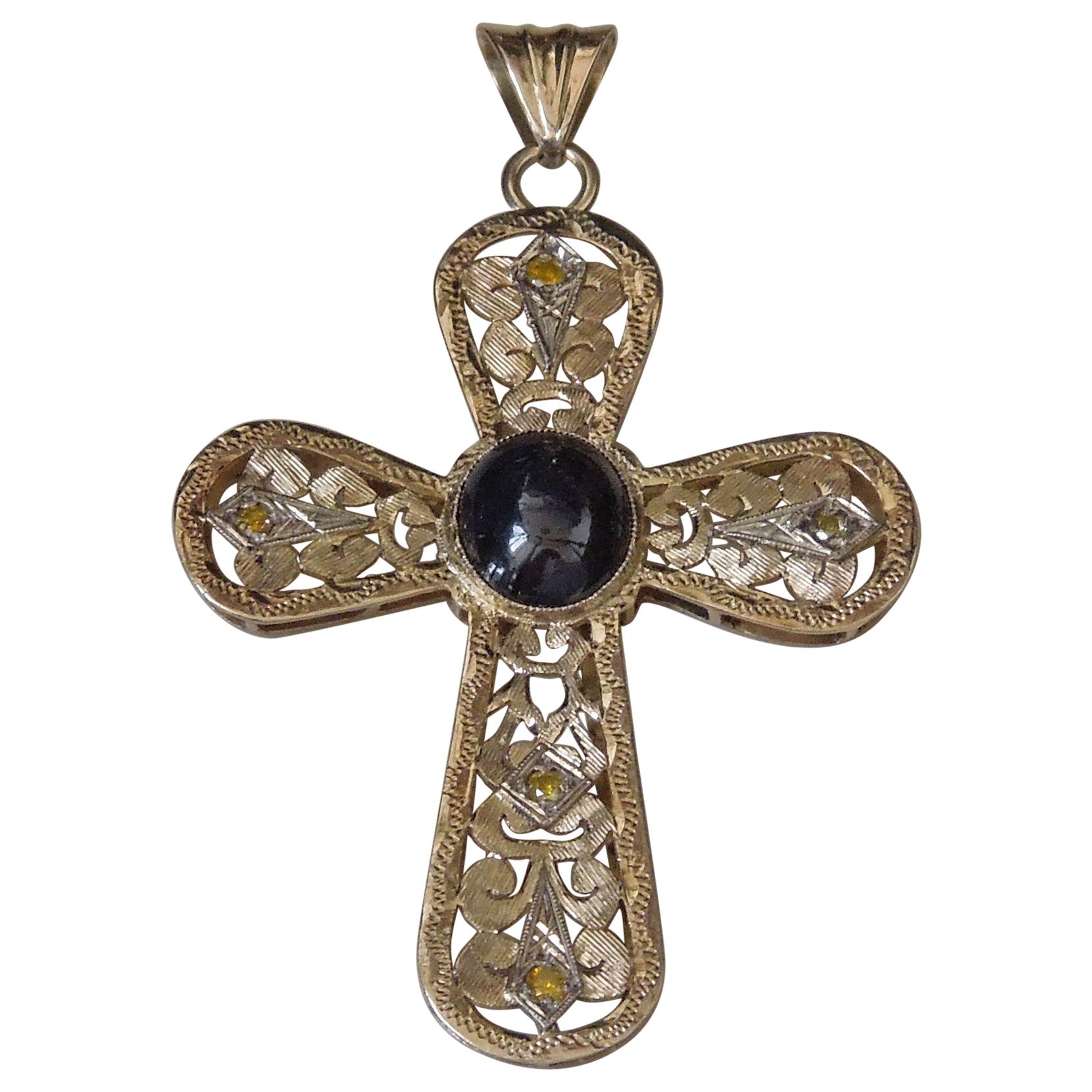 6.50 Carat Sapphire and Canary Diamond Cross For Sale