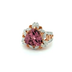6.50 Carat Trillion Rubellite Tourmaline Gemstone and Diamond Gold Vintage Ring