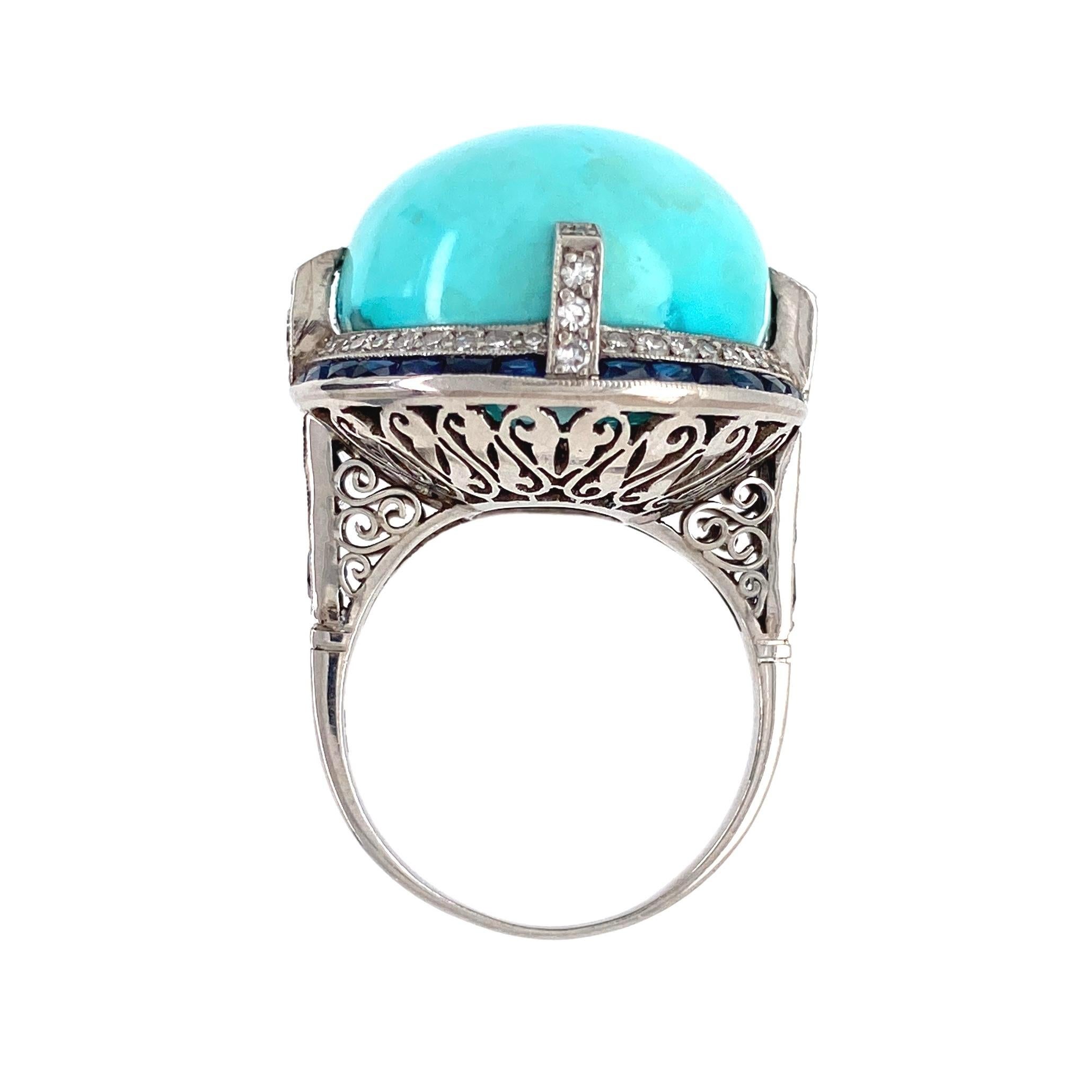 Art Deco 6.50 Carat Turquoise Diamond Sapphire Platinum Cocktail Ring Estate Fine Jewelry