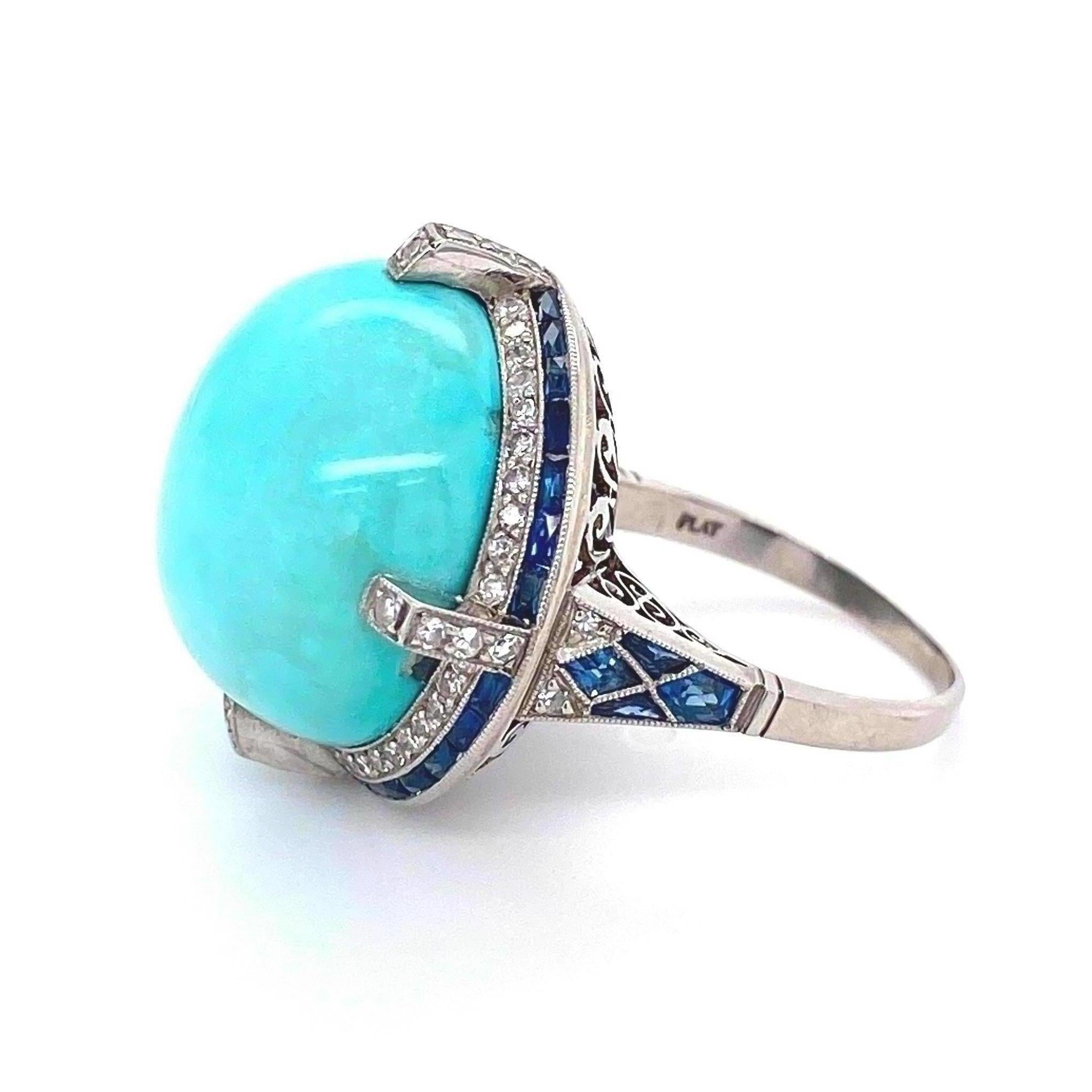 Mixed Cut 6.50 Carat Turquoise Diamond Sapphire Platinum Cocktail Ring Estate Fine Jewelry