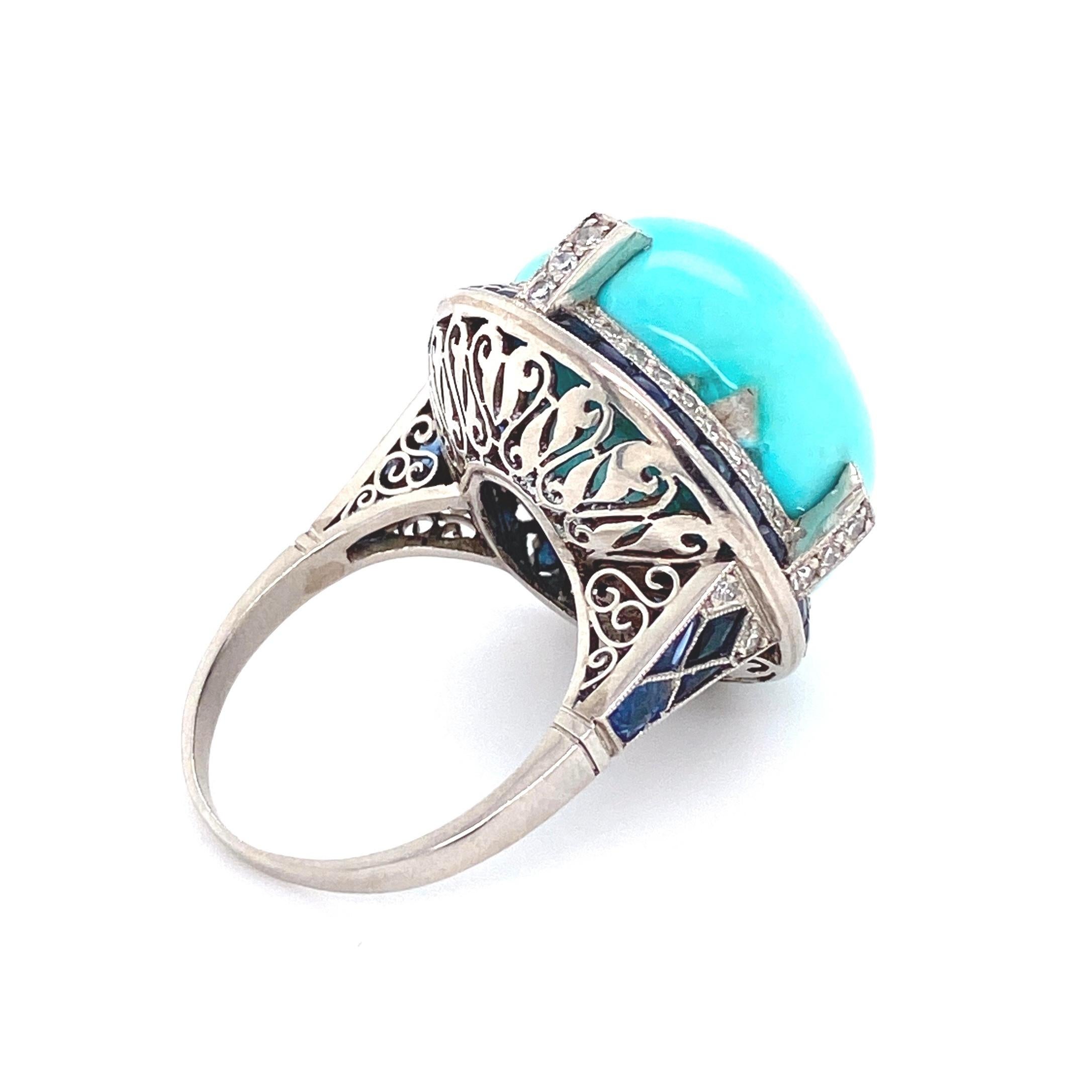 Women's or Men's 6.50 Carat Turquoise Diamond Sapphire Platinum Cocktail Ring Estate Fine Jewelry