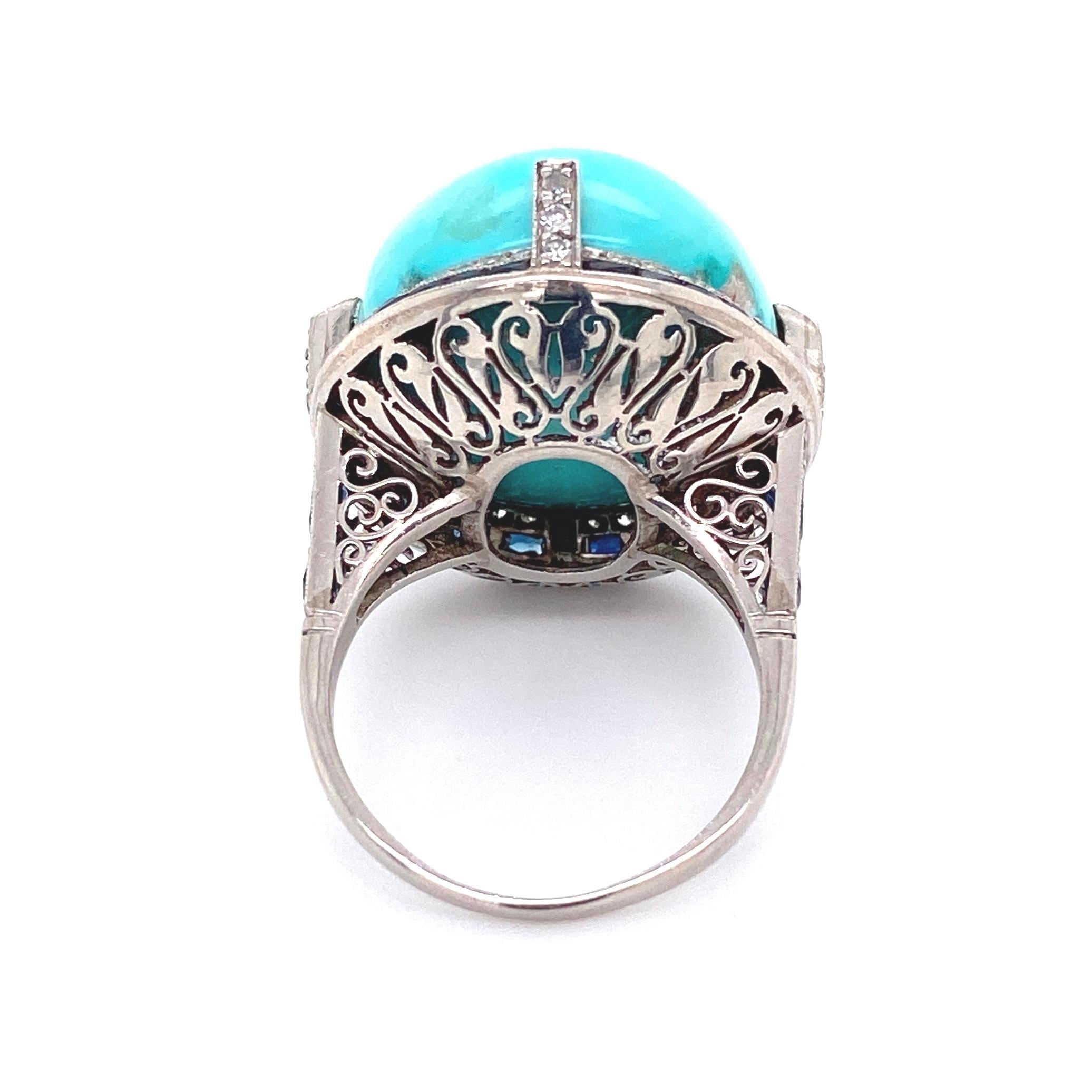 6.50 Carat Turquoise Diamond Sapphire Platinum Cocktail Ring Estate Fine Jewelry 1