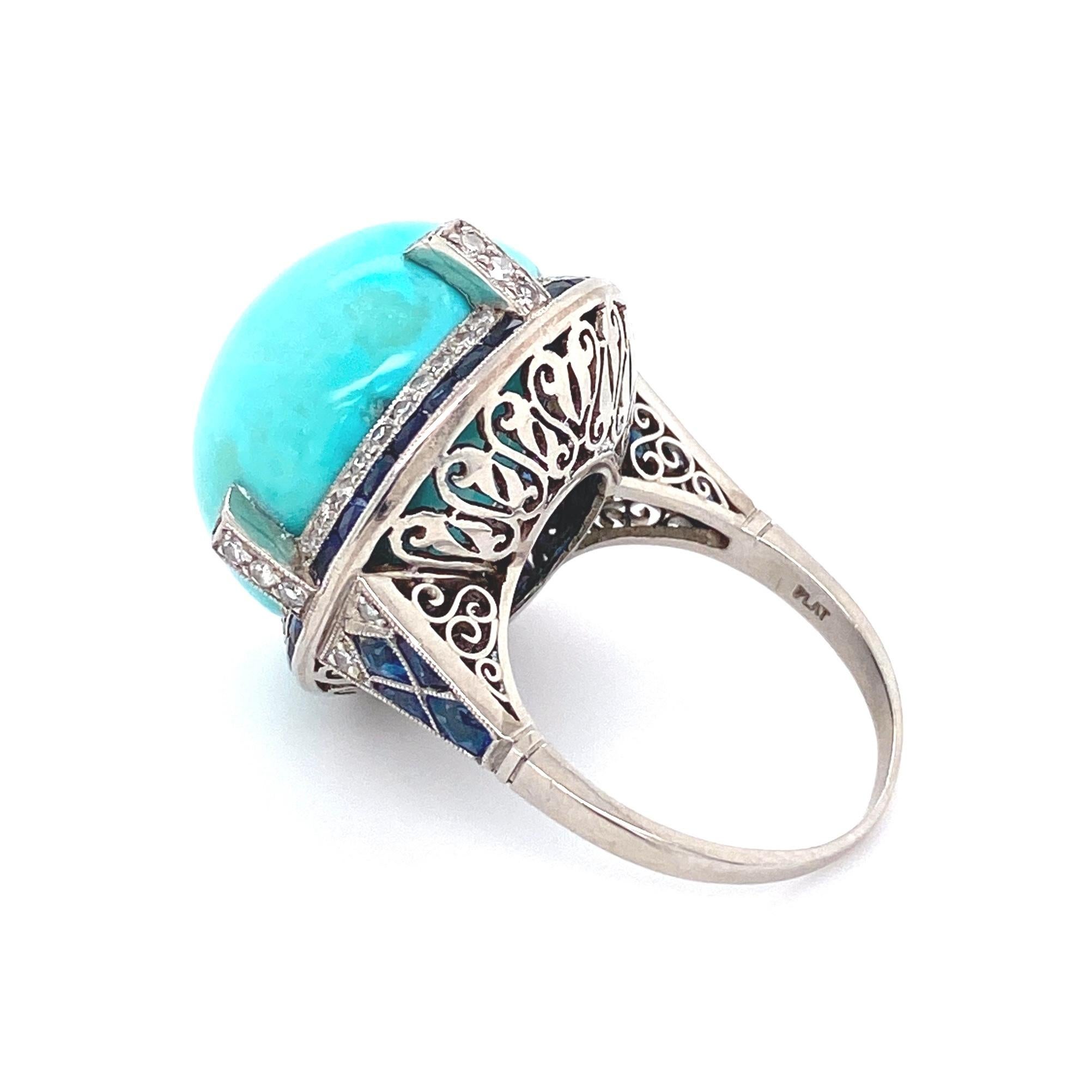 6.50 Carat Turquoise Diamond Sapphire Platinum Cocktail Ring Estate Fine Jewelry 2