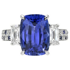 6.50 Carat Unheated Ceylon Sapphire Cushion Platinum Diamond Ring GIA By Merkaba