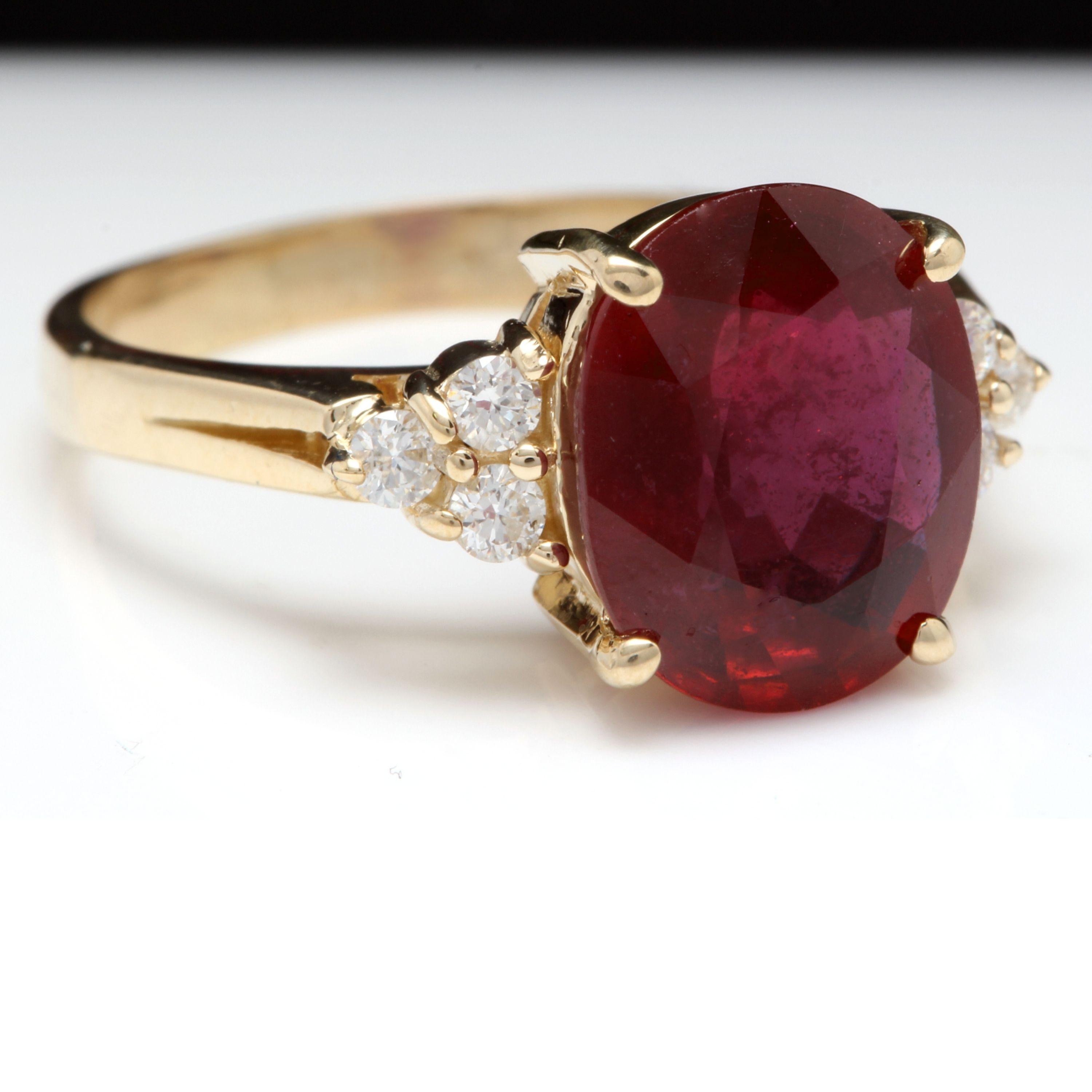 6.50 Carats Impressive Red Ruby and Diamond 14K Yellow Gold Ring

Total Red Ruby Weight is: 6.25 Carats

Ruby Measures: 11x 9mm (Lead Glass Filled)

Natural Round Diamonds Weight: .25 Carats (color G-H / Clarity SI1-SI2)

Ring size: 6 (we offer free