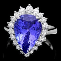 6.50 Carats Natural Tanzanite and Diamond 18k Solid White Gold Ring