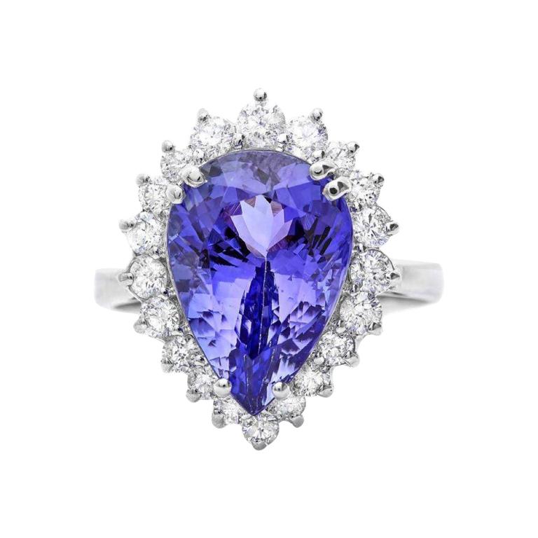 6.50 Carats Natural Tanzanite and Diamond 18k Solid White Gold Ring For Sale