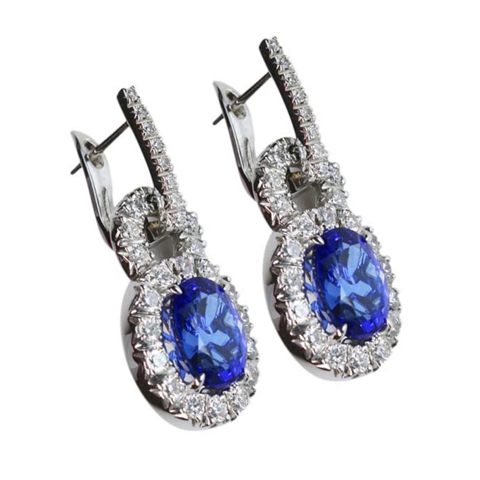 Mixed Cut 6.50 Carat Vivid Blue Tanzanite Diamond Drop Gold Earrings Estate Fine Jewelry For Sale