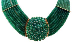 650 Carat Emerald Bead Necklace and Earring Bridal Suite in 18 Karat Yellow Gold