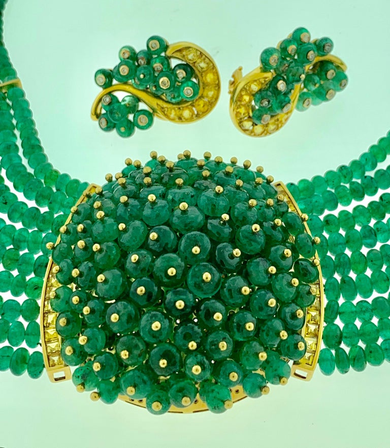 650 Carat Emerald Bead Necklace and Earring Bridal Suite in 18 Karat