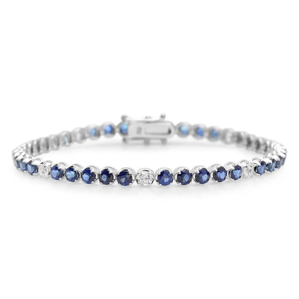 Mixed Cut 6.50 Natural Blue Sapphire and Diamond 18K Solid White Gold Bracelet For Sale