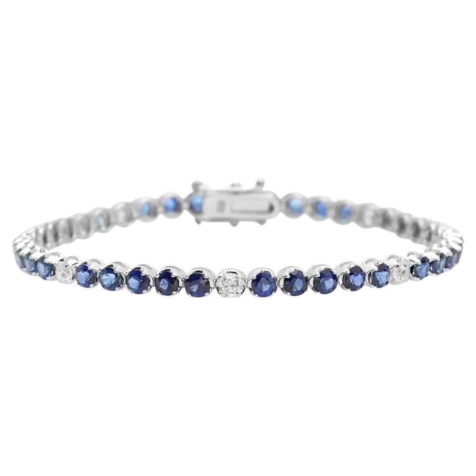 6.50 Natural Blue Sapphire and Diamond 18K Solid White Gold Bracelet