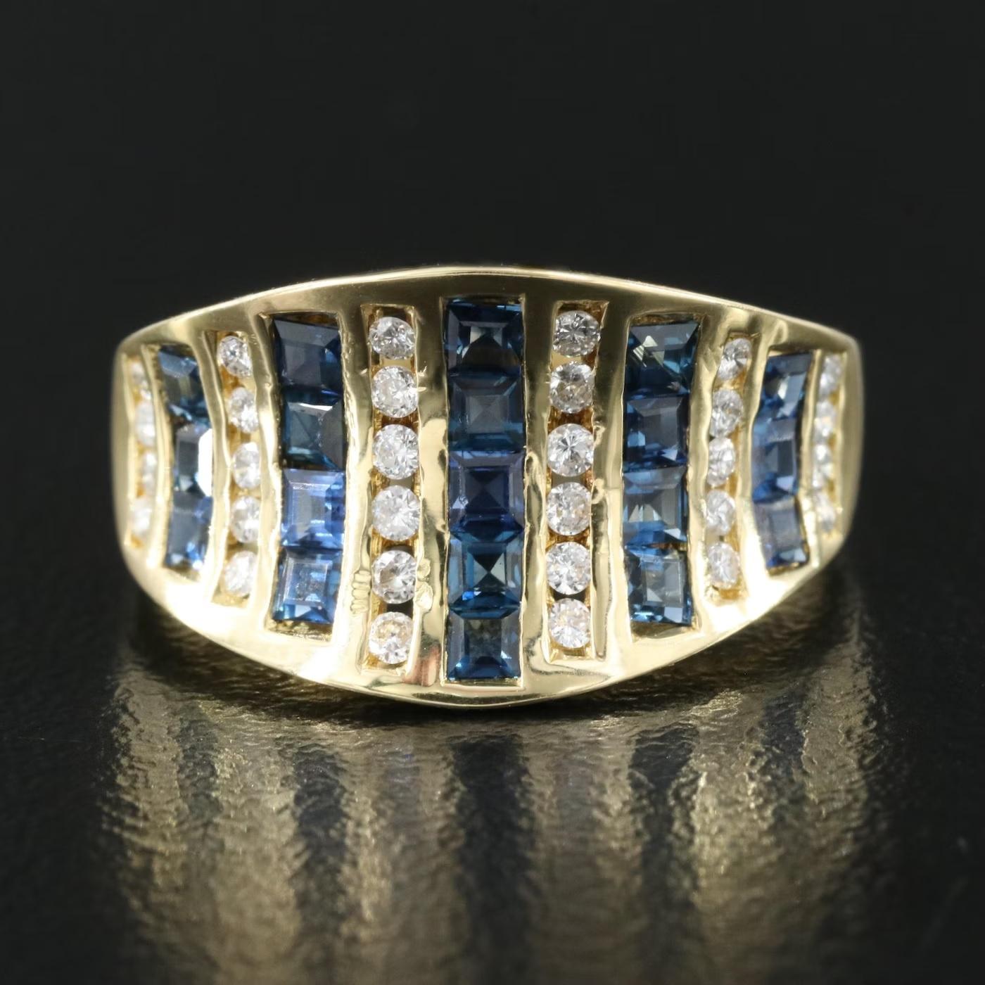 Round Cut New / Italy Rimani Diamond and Blue Sapphire Ring / 18k Yellow Gold