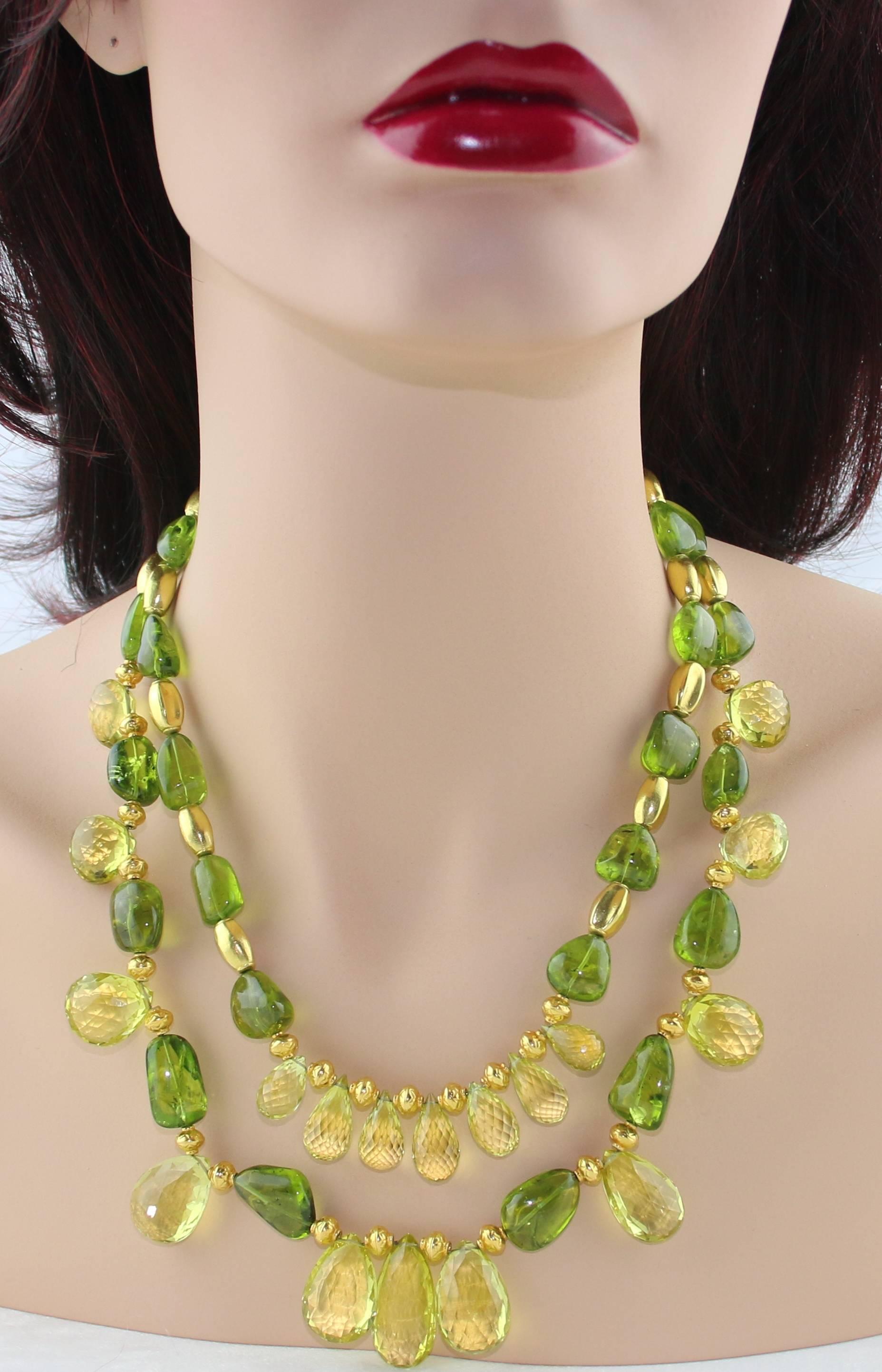 Contemporary 650.00 Carat Lime Citrine and Peridot Gold Two Strand Necklace For Sale