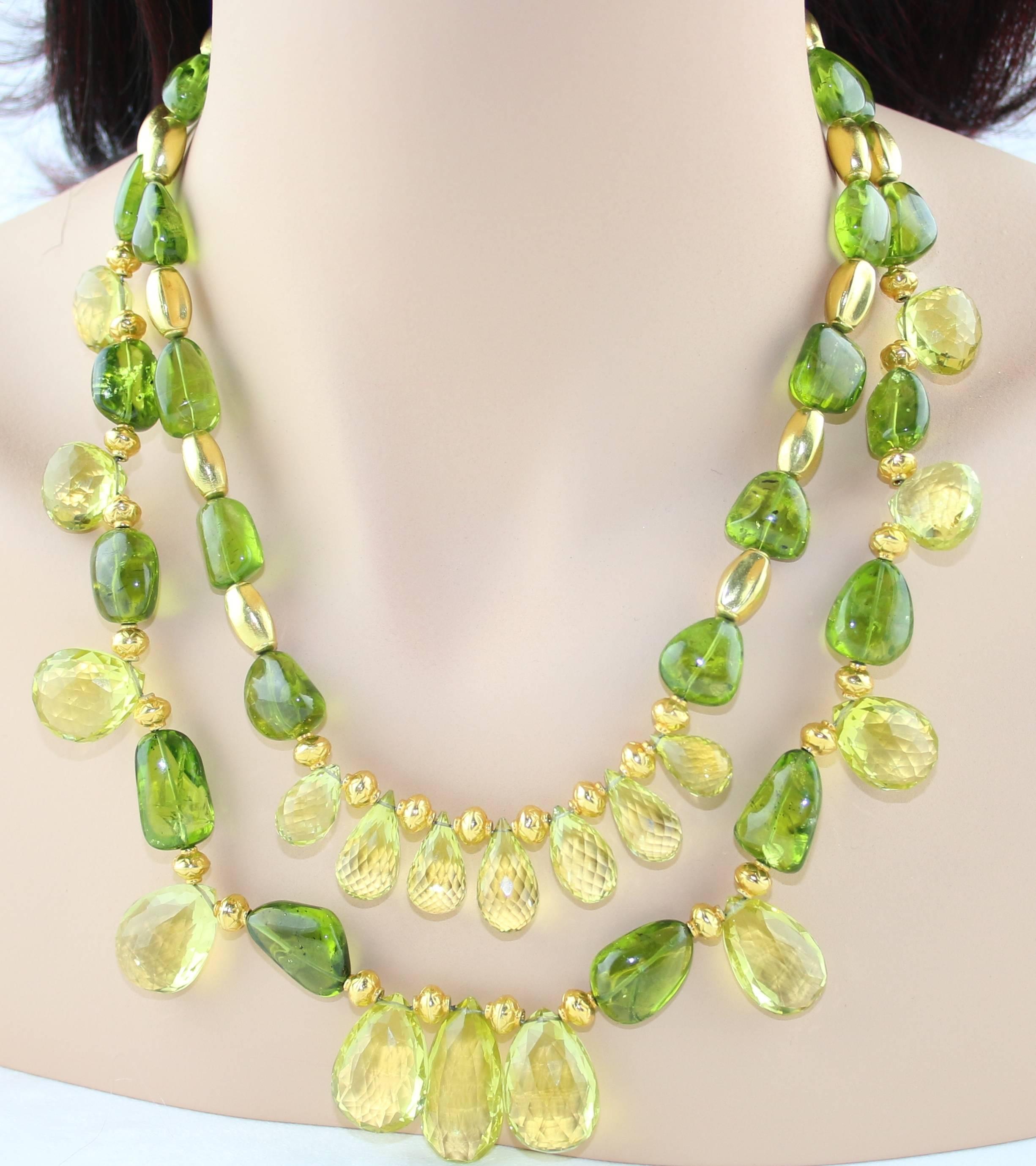 Bead 650.00 Carat Lime Citrine and Peridot Gold Two Strand Necklace For Sale