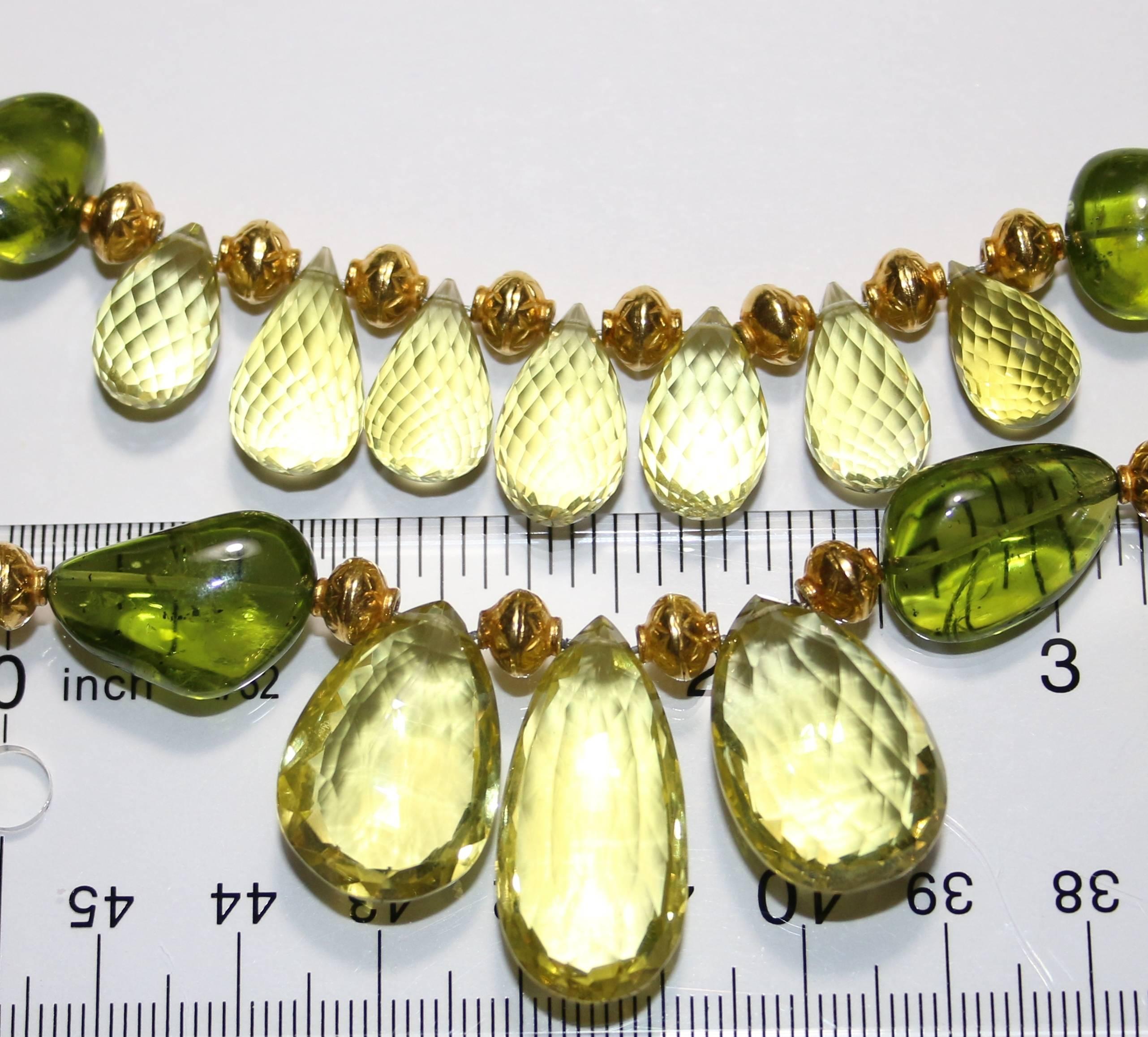 650.00 Carat Lime Citrine and Peridot Gold Two Strand Necklace In New Condition For Sale In New York, NY