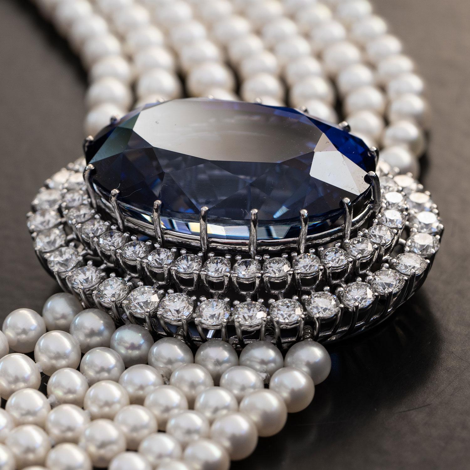 Art Deco 65.00ct.  Sapphire, 7.71ct. Natural Diamonds, 20.2 Carat Pearl Choker For Sale