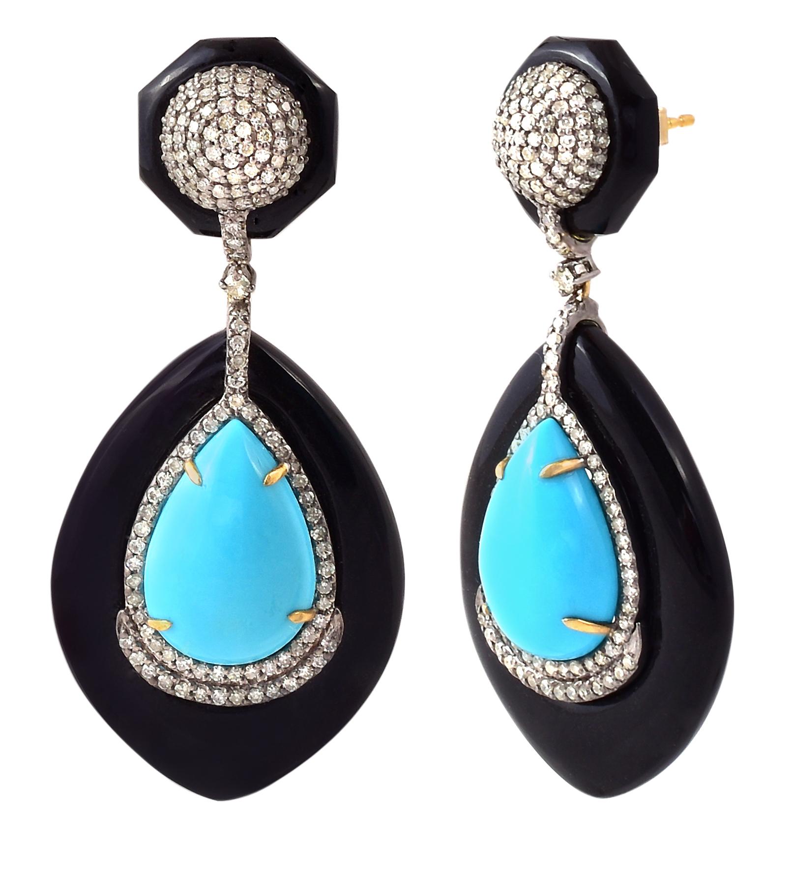 65.08 Carat Turquoise, Black Onyx, and Diamond Dangle Earrings in Contemporary Victorian Style

This Victorian-era inspired art-deco glorious celeste turquoise, black onyx, and diamond earring pair is exceptional. The solitaire pear shaped turquoise