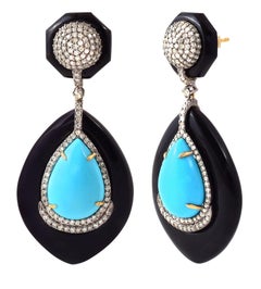 65.08 Carat Turquoise, Black Onyx, and Diamond Earrings in Contemporary Style