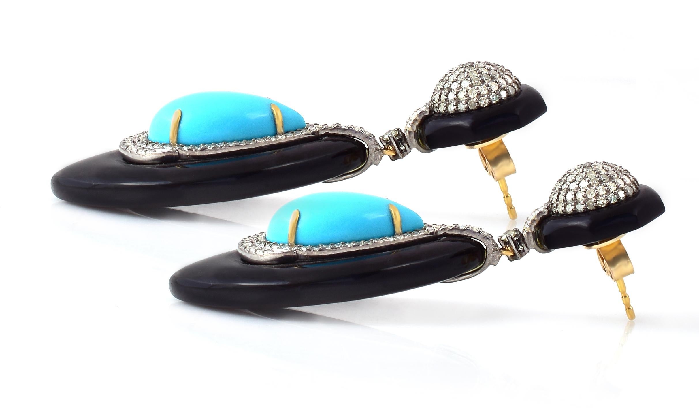 Cabochon 65.08 Carat Turquoise, Black Onyx, and Diamond Earrings in Contemporary Style For Sale