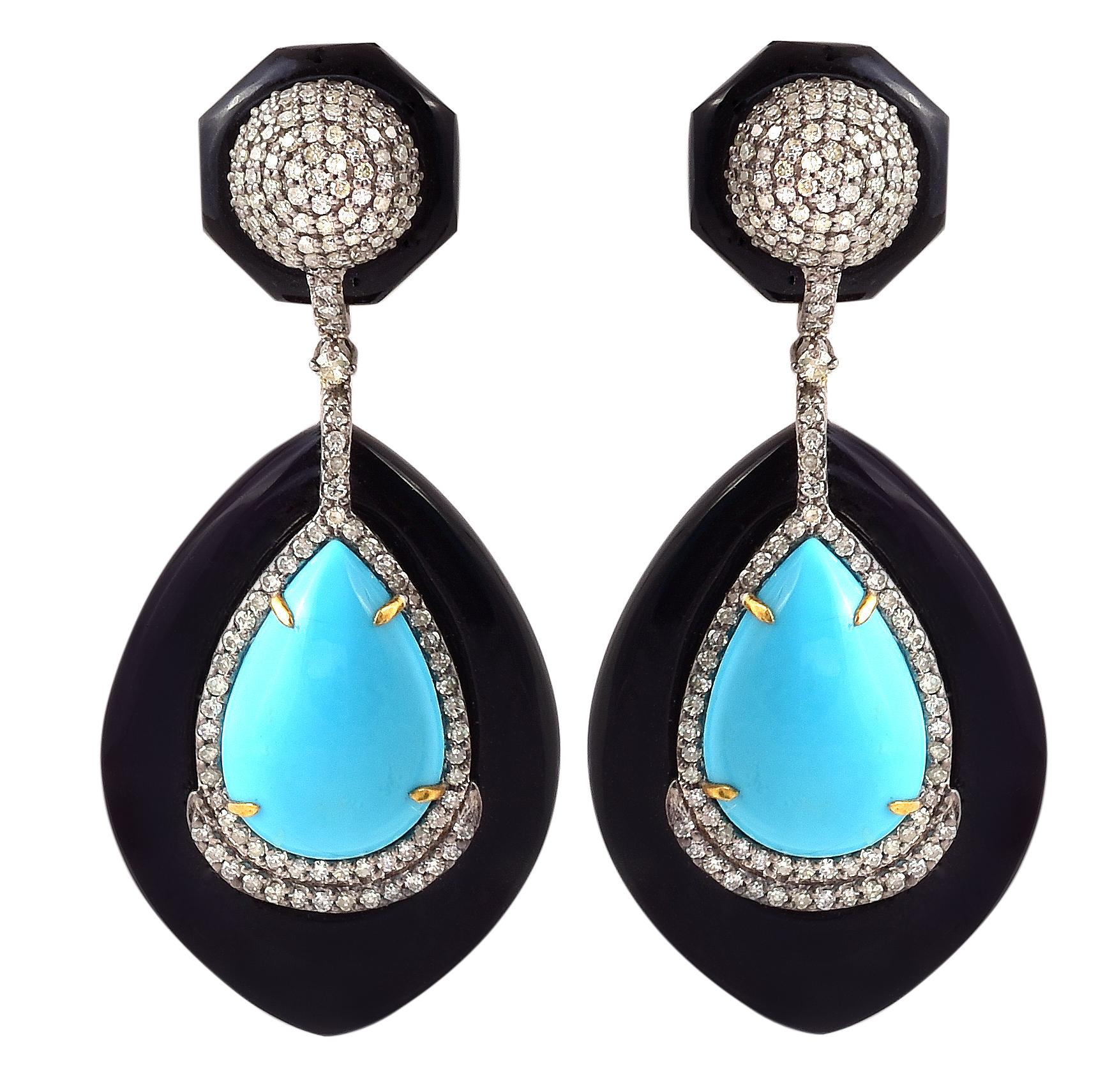 65.08 Carat Turquoise, Black Onyx, and Diamond Earrings in Contemporary Style In New Condition For Sale In Jaipur, IN